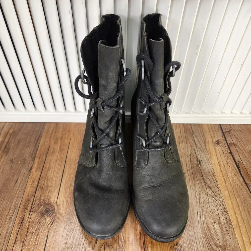 Sorel Joan of Artic Wedge II Womens Sz 10.5 Black Leather Waterproof Ankle Boots